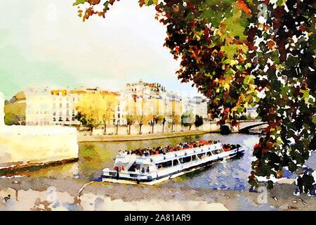 Die touristische Bootsfahrt auf der Seine in Paris. Stockfoto