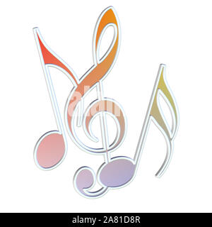 Noten und Notenschlüssel vor weißem Hintergrund Stockfoto