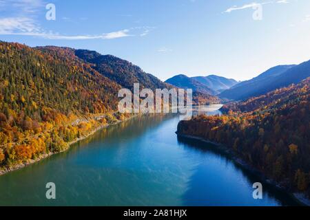 Sylvenstein See, Sylvenstein Stausee, in der Nähe von Lenggries, Isarwinkel, Luftaufnahme, Oberbayern, Bayern, Deutschland Stockfoto