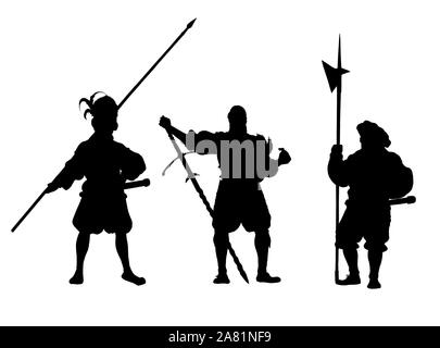 Mittelalterliche Krieger nach der Schlacht. Söldner Abbildung. Historische Illustration. Silhouette. Stockfoto