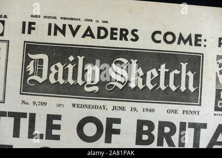 Replica Zeitung während der Schlacht von Großbritannien: Mast Leiter der täglichen Skizze Zeitung am 19. Juni 1940. Stockfoto