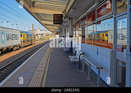 Ein inter-modale Freightliner Zug durch eine Class 66 Lokomotive gezogen wartet an einem roten Signal in Liverpool Station. Stockfoto