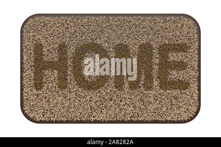 Braun Kokos Fußmatte mit Text HOME 3D Rendering Illustration auf weißem Hintergrund Stockfoto