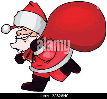 Santa Claus mit einem großen Sack voller Geschenke, Illustration, Vektor auf weißem Hintergrund. Stock Vektor