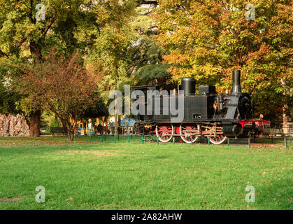 Herbstfarben im Park auf der Bäume rund um eine alte Dampflokomotive Stockfoto
