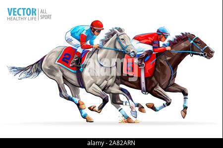 Zwei Rennpferde miteinander konkurrieren. Das hippodrom. Rennstrecke. Pferdesport. Derby. Geschwindigkeit. Sport. Champion. Vector Illustration. Auf weiß Isoliert Stock Vektor