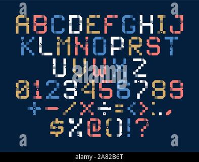 Vektor Pixel-art Alphabet. Bunte Buchstaben bestehen aus Modulen. Briefe von Streifen, Plätze und Punkte. Geometrische Alphabet für Poster wie elektronische Stock Vektor