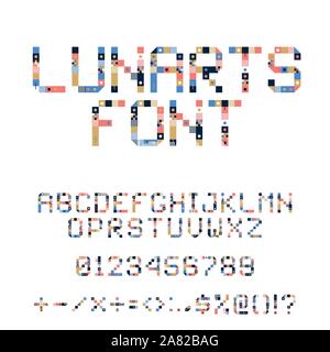 Vektor Pixel-art Alphabet. Bunte Buchstaben bestehen aus Modulen. Briefe von Streifen, Plätze und Punkte. Geometrische Alphabet für Poster wie elektronische Stock Vektor