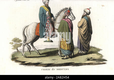 Die Beduinen der arabischen Scheichs in Ägypten, 1820er Jahre, einer auf dem Pferd. Papierkörbe Kupferstich von Andrea Bernieri von Giulio Ferrrario's Kostüme antiken und modernen aller Völker (Il Kostüm Antico e Moderno di Tutti i Popoli), Florenz, 1843. Stockfoto