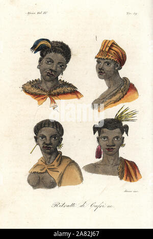 Porträts der Xhosa (kaffir) Menschen von Südafrika in Kopfbedeckungen, Pelz Capes und Ohrringe. Papierkörbe Kupferstich von Antonio Sasso von Giulio Ferrario von Antike und Moderne Kostüme aller Völker der Welt, Florenz, Italien, 1843. Stockfoto