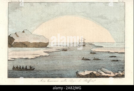Hellen Bogen von Licht über Eisberge und Eisschollen in Baffin Bay, Kanada. Papierkörbe Kupferstich von Sasso von Giulio Ferrario von Antike und Moderne Kostüme aller Völker der Welt, Florenz, Italien, 1837. Stockfoto