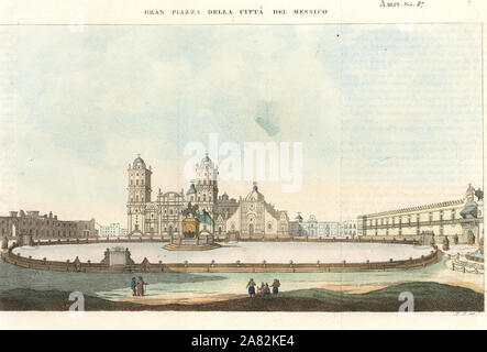 Blick auf den Grand Plaza von Mexico City, ca. 1820. Papierkörbe Kupferstich von R. F. von Giulio Ferrario von Antike und Moderne Kostüme aller Völker der Welt, Florenz, Italien, 1843. Stockfoto