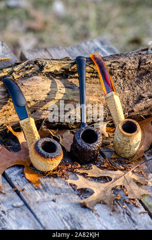 Cob, briar und meerschaumpfeifen auf einem urigen outdoor Hintergrund Stockfoto