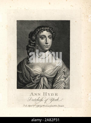 Anne Hyde, Herzogin von York und Albany, erste Frau von König Jakob II. von England. Kupferstich nach einem Porträt von Sir Peter Lely aus BIOGRAPHISCHEN Geschichte William Richardson's Porträts illustrieren Grangers von England, London, 1792 - 1812. James Granger (1723-1776) war ein englischer Pfarrer, Biograf und Drucken Sammler. Stockfoto