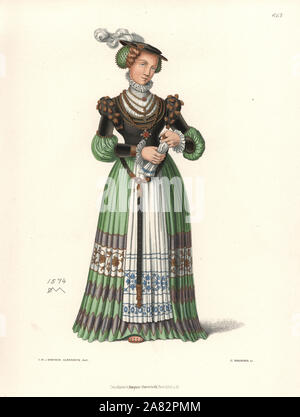 Kostüm einer adligen Frau aus einem farbstift Zeichnung von einem Deutschen master mit Monogramm DM, 1574. Von Hefner-Alteneck Chromolithograph's Kostüme, Kunstwerke und Geräte vom Mittelalter bis in das 17. Jahrhundert, Frankfurt, 1889. Illustration von Dr. Jakob Heinrich von Hefner-Alteneck, Lithographiert von C. Regnier. Dr. Hefner-Alteneck (1811-1903) war eine Deutsche, die die Kuratorin des Museums, Archäologe, Kunsthistoriker, Zeichner und Kupferstecher. Stockfoto