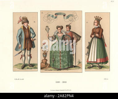 Der Mann und die Frau in der französischen Mode aus Paris ein, und Deutsche Braut Bräutigam C und D in der Hochzeit Kronen Nürnberg, Ende des 16. Jahrhunderts. Von Hefner-Alteneck Chromolithograph's Kostüme, Kunstwerke und Geräte vom Mittelalter bis in das 17. Jahrhundert, Frankfurt, 1889. Illustration von Dr. Jakob Heinrich von Hefner-Alteneck, Lithographiert von C. Regnier. Dr. Hefner-Alteneck (1811-1903) war eine Deutsche, die die Kuratorin des Museums, Archäologe, Kunsthistoriker, Zeichner und Kupferstecher. Stockfoto