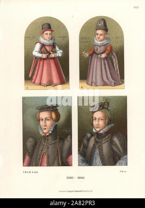 Ölgemälde von Kindern und Frauen, Ende des 16. Jahrhunderts. Zwei Jahre alten Kind ein, ein Jahr alten Kind B, edlen Frau C, und Sabine von Württemberg, Landgräfin von Hessen D. Chromolithograph von Hefner-Alteneck's Kostüme, Kunstwerke und Geräte vom Mittelalter bis in das 17. Jahrhundert, Frankfurt, 1889. Illustration von Dr. Jakob Heinrich von Hefner-Alteneck, Lithographiert von C. Regnier. Dr. Hefner-Alteneck (1811-1903) war eine Deutsche, die die Kuratorin des Museums, Archäologe, Kunsthistoriker, Zeichner und Kupferstecher. Stockfoto