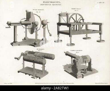 Elektrische Maschinen von Dr. Martinus Van Marum, Vater John Baptist Beccaria, Edward Nairne, und eine gemeinsame Maschine. Kupferstich von Wilson Lowry nach einer Zeichnung von John Farey Jr. von Abraham Rees Cyclopedia oder Universal Wörterbuch der Künste, der Wissenschaften und der Literatur, Longman, Hurst, Rees, Orme und Brown, London, 1811. Stockfoto