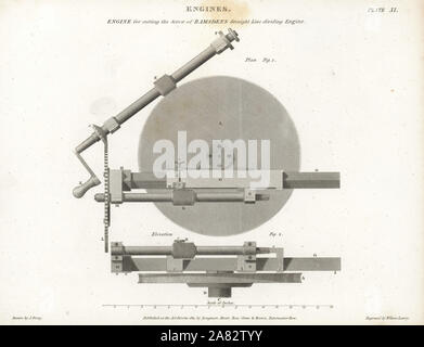 Motor für das Schneiden der Schraube des gerade Jesse Ramsden's Trennlinie zwischen Motor, 18. Kupferstich von Wilson Lowry nach John Farey von Abraham Rees Cyclopedia oder Universal Wörterbuch der Künste, der Wissenschaften und der Literatur, Longman, Hurst, Rees, Orme und Brown, London, 1811. Stockfoto