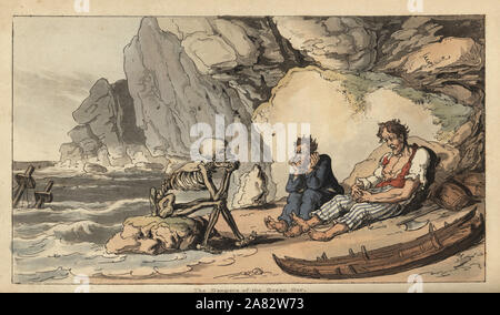 Das Skelett Figur des Todes sitzt auf einem Strand mit zwei schiffbrüchige Segler. Papierkörbe Kupferstich erstellt und von Thomas Rowlandson aus dem Englischen Tanz des Todes, Ackermann, London, 1816 eingraviert. Stockfoto