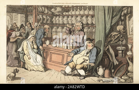 Das Skelett des Todes mahlt langsam Gift in der Quack Doctor's Shop, wie die Quack ein fataler Abhilfe in einer Flasche gießt. Papierkörbe Kupferstich erstellt und von Thomas Rowlandson aus dem Englischen Tanz des Todes, Ackermann, London, 1816 eingraviert. Stockfoto