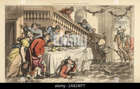 Das Skelett der Tod kommt für einen Jäger, wie er unter einer Tabelle nach einer Fuchsjagd versteckt. Papierkörbe Kupferstich erstellt und von Thomas Rowlandson aus dem Englischen Tanz des Todes, Ackermann, London, 1816 eingraviert. Stockfoto