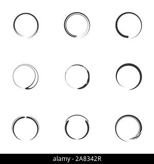 Satz von runden Formen Symbol. Schwarz weisse Kreis Pinselstrich mit unterschiedlichen Spirale Element flat, Vektor, Abbildung Stock Vektor