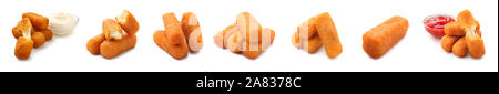 Collage mit leckeren Mozzarella Sticks auf weißem Hintergrund Stockfoto