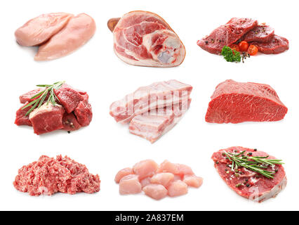 Set mit verschiedenen rohes Fleisch auf weißem Hintergrund Stockfoto