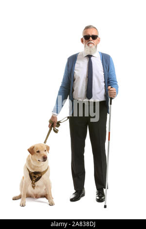 Blind reifer Mann mit Hund auf weißem Hintergrund Stockfoto