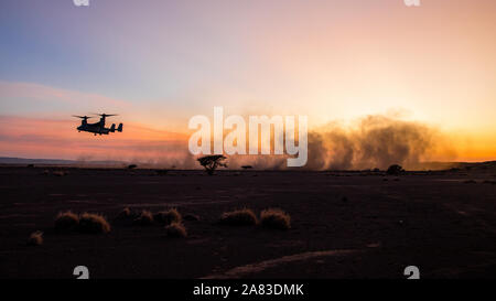 Us-Marines und Matrosen mit 2Nd Battalion, 7th Marines und Mittlere Tiltrotor Squadron (VMM) 161, Special Purpose Marine Air-Ground Task Force Crisis Response Central Command 19,2 angebracht, eine taktische Recovery von Flugzeugen und Personal (Trap) Bohrer in geheimen Ort Proben, Okt. 29, 2019. Die SPMAGTF-CR-CC ist eine schnelle Eingreiftruppe bereit, eine Vielzahl von Funktionen, die in der ganzen Region zu implementieren. (U.S. Marine Corps Foto von Sgt. Kyle C. Talbot) Stockfoto