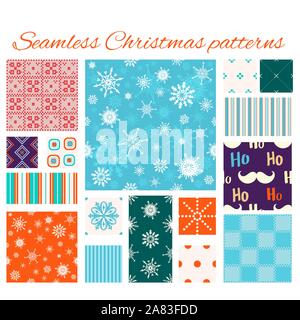 Satz von nahtlosen Weihnachten Muster mit Schneeflocken, Santa's Schnurrbart, Streifen und Punkten. Endlose Textur kann für Tapeten verwendet werden, musterfüllungen, Web Stock Vektor