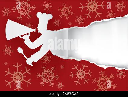 Koch Weihnachtsmenü, zerrissenes Papier Hintergrund. Papier Silhouette von Cook mit Megafon ripping rotes Papier Weihnachten Hintergrund. Vektor zur Verfügung. Stock Vektor