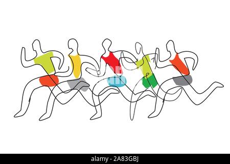 Laufende Rennen, Line Art. Fünf laufen Männer. Bunte Linie kunst stilisierte Abbildung. Vektor zur Verfügung. Stock Vektor