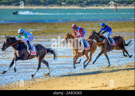 Pferderennen am Strand, Sanlucar de Barrameda, Spanien. Stockfoto