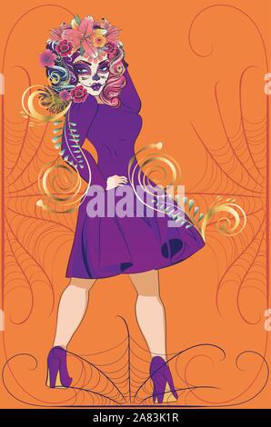 Fantasy Hexe Frau mit Sugar Skull Make-up und Blumen in Vintage lila Kleid. Stock Vektor