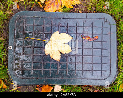 Kanalisation Mannloch im Herbst Laub. Für Text platzieren. Hintergrundbild. Stockfoto
