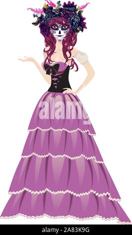 Tag der Toten Abbildung mit Sugar Skull girl in dekorativen Blumenkranz. Stock Vektor