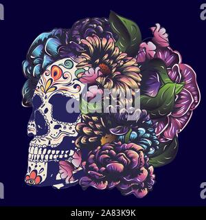 Tag der toten Blumen Sugar Skull mit Blumen farbenfrohes Design. Stock Vektor