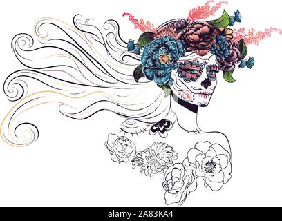 Tag der Toten Abbildung mit Sugar Skull girl in dekorativen Blumenkranz. Stock Vektor