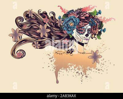 Tag der Toten Abbildung mit Sugar Skull girl in dekorativen Blumenkranz. Stock Vektor