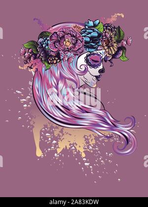 Tag der Toten Abbildung mit Sugar Skull girl in dekorativen Blumenkranz. Stock Vektor