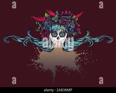 Tag der Toten Abbildung mit Sugar Skull girl in dekorativen Blumenkranz. Stock Vektor