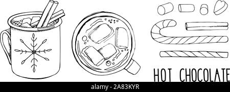 Satz von Hand gezeichnete Vektorgrafiken isoliert auf Weiss. Heiße Schokolade mit Weihnachten Zuckerstange und Eibisch. Moderne Kalligraphie. Clip Art für Wi Stock Vektor