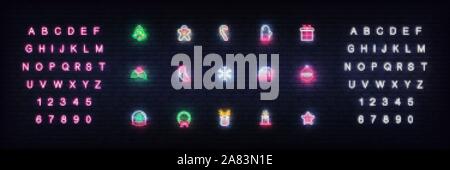 Weihnachten Symbole Neon. Satz von leuchtenden neon Symbole Design für Weihnachten und Neujahr Stock Vektor