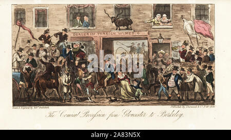 Regency Herren, Landwirte und Bauern reiten in eine Parade der Trainer und der heuwagen. Die Komischen Prozession von Gloucester nach Berkeley. Papierkörbe Kupferstich erstellt und von Robert Cruikshank aus dem Englischen Spion, London, 1825 eingraviert. Von Bernard Blackmantle, ein Pseudonym für Rothwell Westmacott geschrieben. Stockfoto