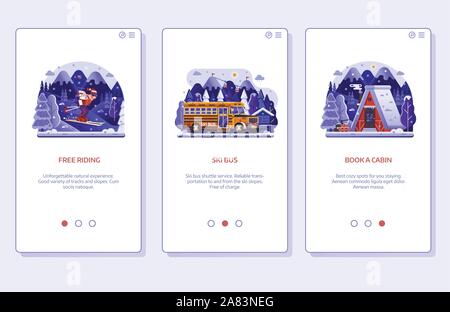 Winter Skigebiet Mobile App Onboarding Bildschirme Stock Vektor