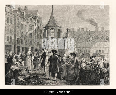 Die Marken des Unschuldigen mit der Fontaine des Innocents (jetzt Joachim-du-Bellay, Les Halles), Paris. Lithografie nach Etienne Jeaurat von Paul Lacroix' des achtzehnten Jahrhunderts: ihre Institutionen, Sitten und Trachten, London, 1876. Stockfoto