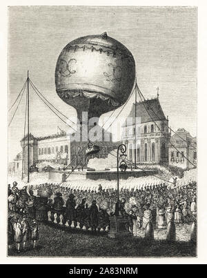 Die Gebrüder Montgolfier' Ballon Start von Versailles in Anwesenheit des Königs, September 1783. Joseph-Michel Montgolfier und Jacques-Etienne Montgolfier. Lithographie von Paul Lacroix' des achtzehnten Jahrhunderts: ihre Institutionen, Sitten und Trachten, London, 1876. Stockfoto