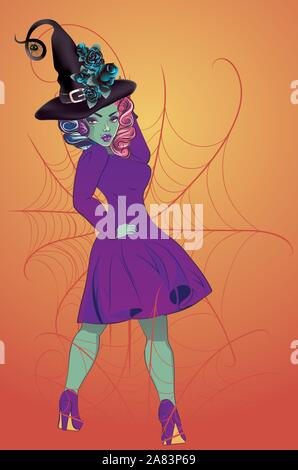 Fantasy Hexe Frau in Vintage lila kleid und hut. Stock Vektor
